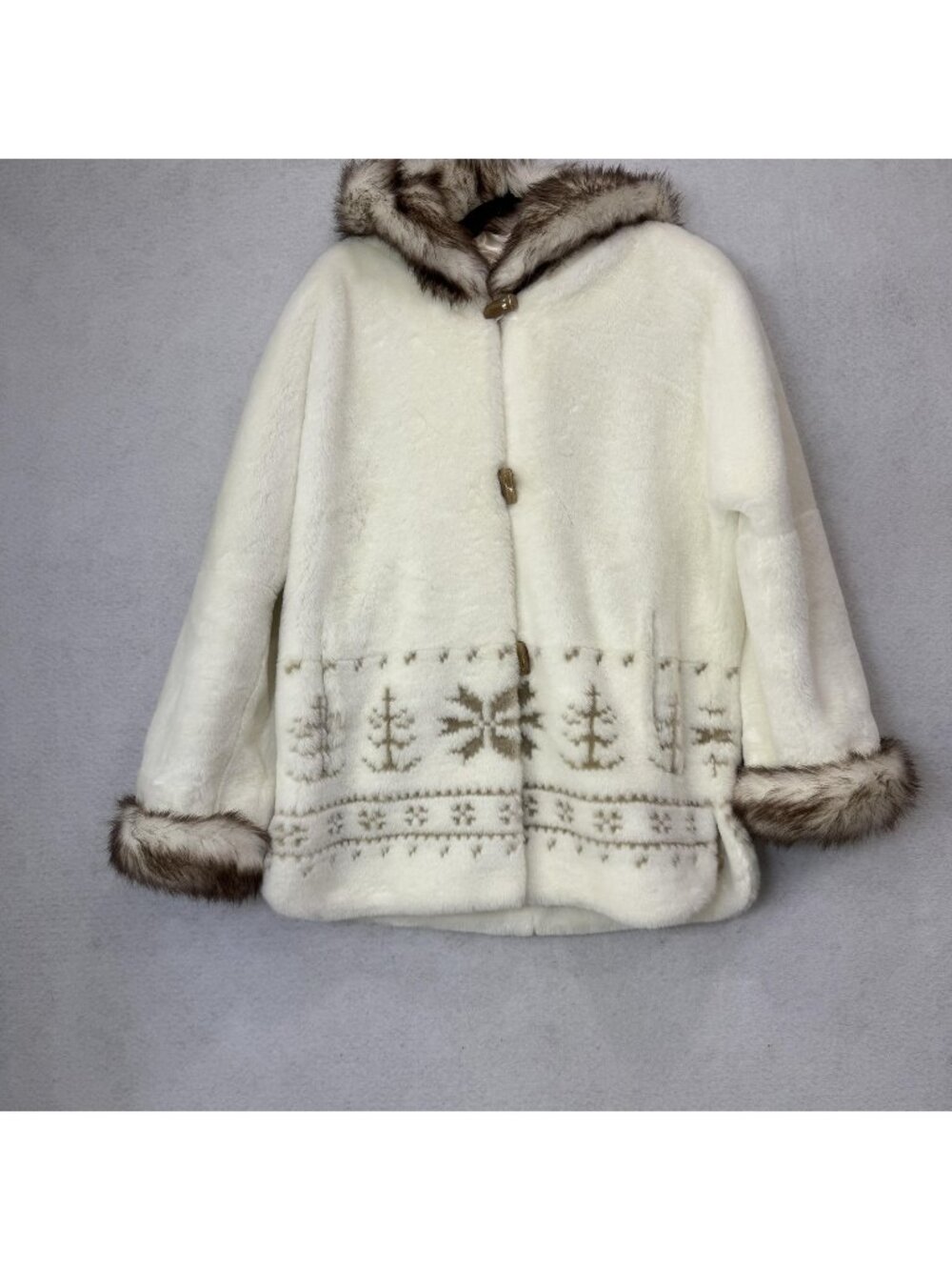 Coldwater Creek Coat Womens Small White Faux Fur Hooded Toggle Parka Fair Isle